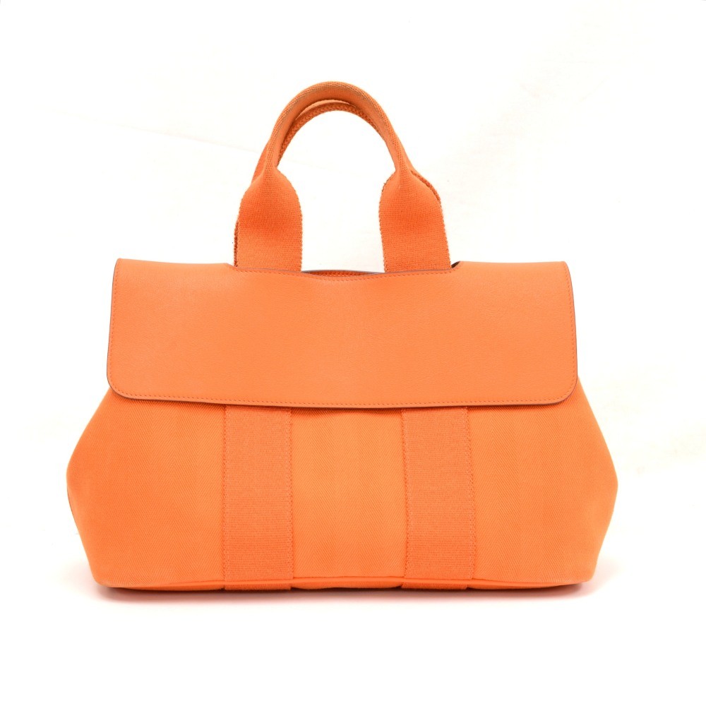 Hermes Hermes Valparaiso PM Orange Leather Canvas Tote Hand Bag
