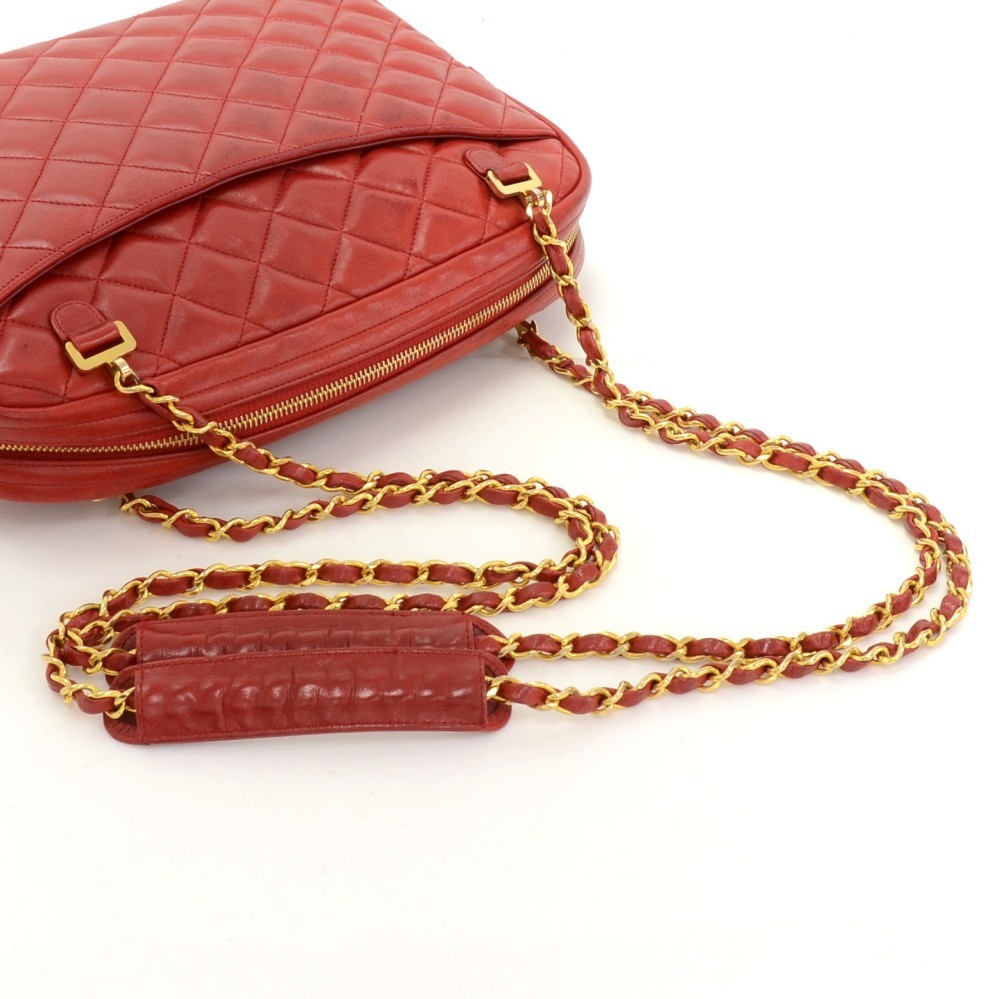 Chanel Vintage Chanel Red Quilted Leather Gold Tone Chain Shoulder