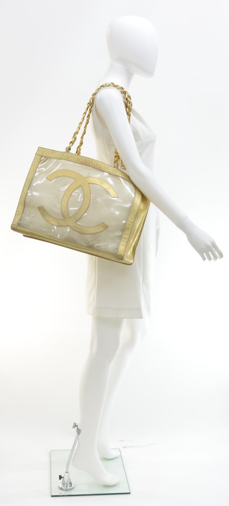 WOMENS DESIGNER Chanel Transparent Clear CC Tote Bag Gold