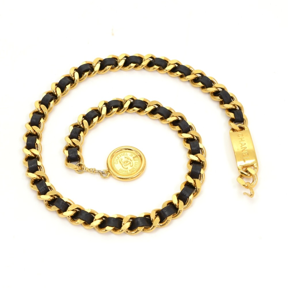 Chanel Vintage Chanel Black Leather x Gold Tone CC Medallion Chain