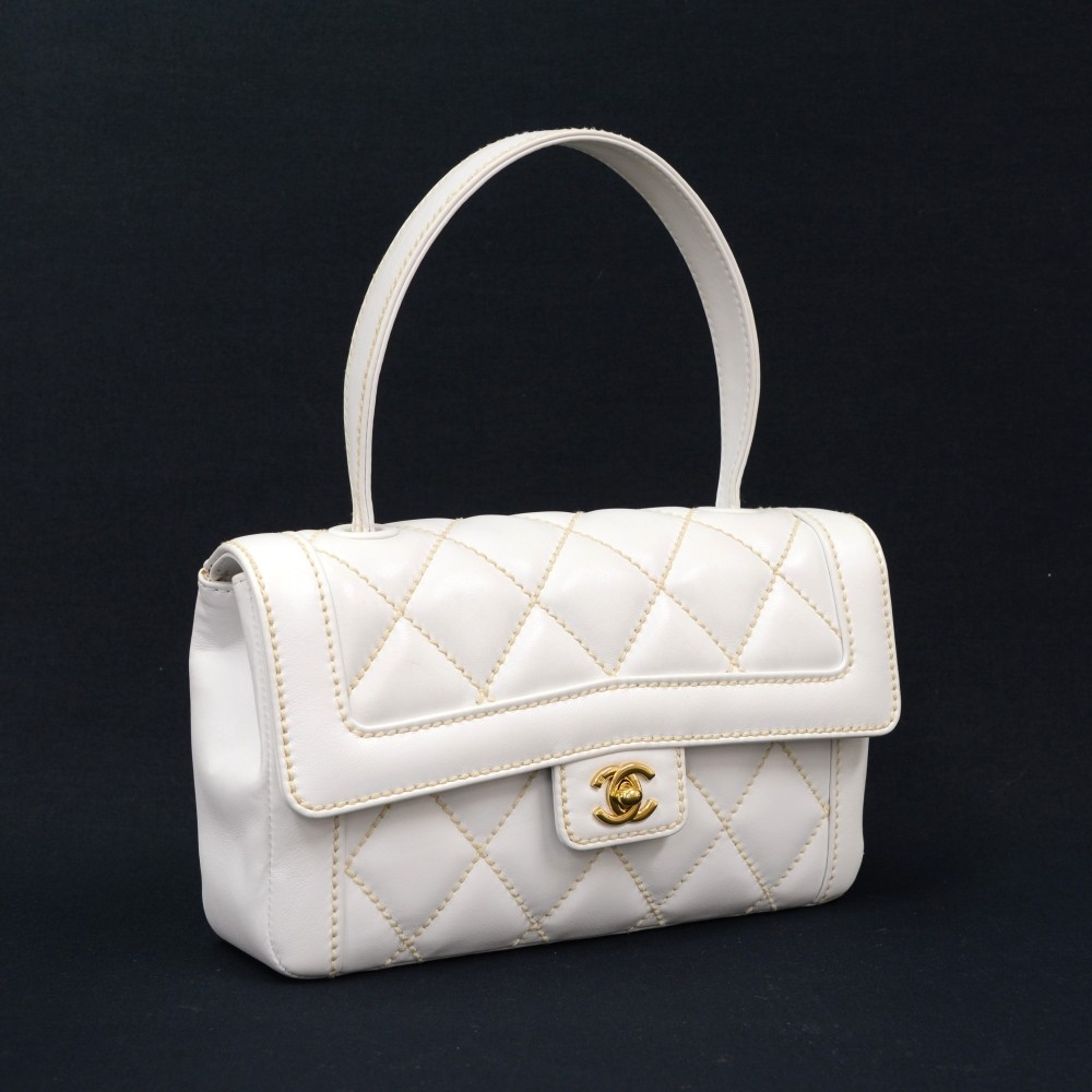 Chanel Chanel 9 Flap White Leather Wild Stitch Hand Bag