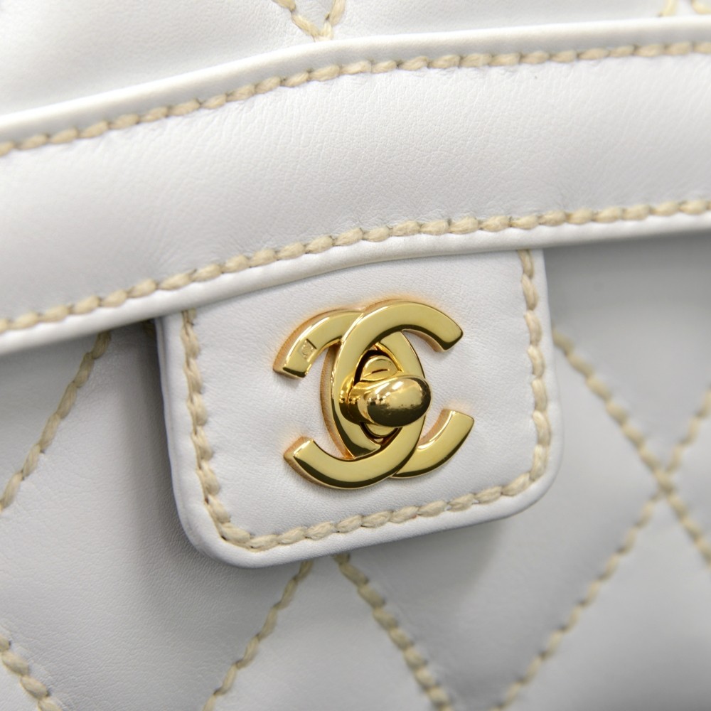 White Shoulder Flap in Wild Stitch Leather with Gold Hardware