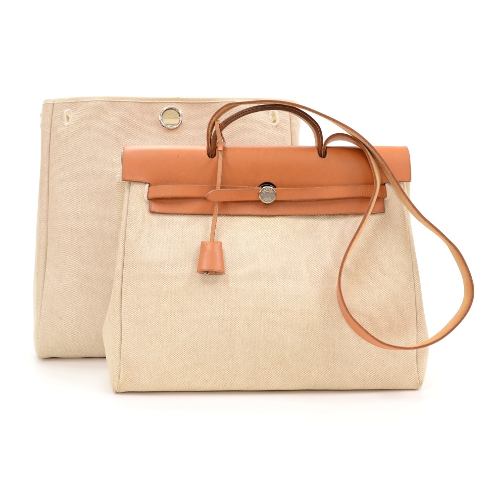 Hermes Herbag PM 2-in-1 Beige Coated Canvas & Light Brown Leather