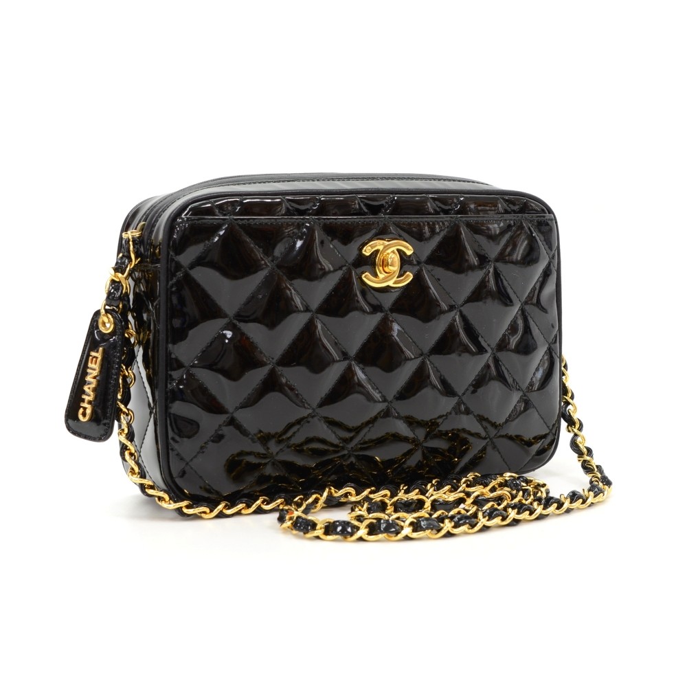 Chanel Chanel Black Quilted Patent Leather Shoulder Pochette Bag
