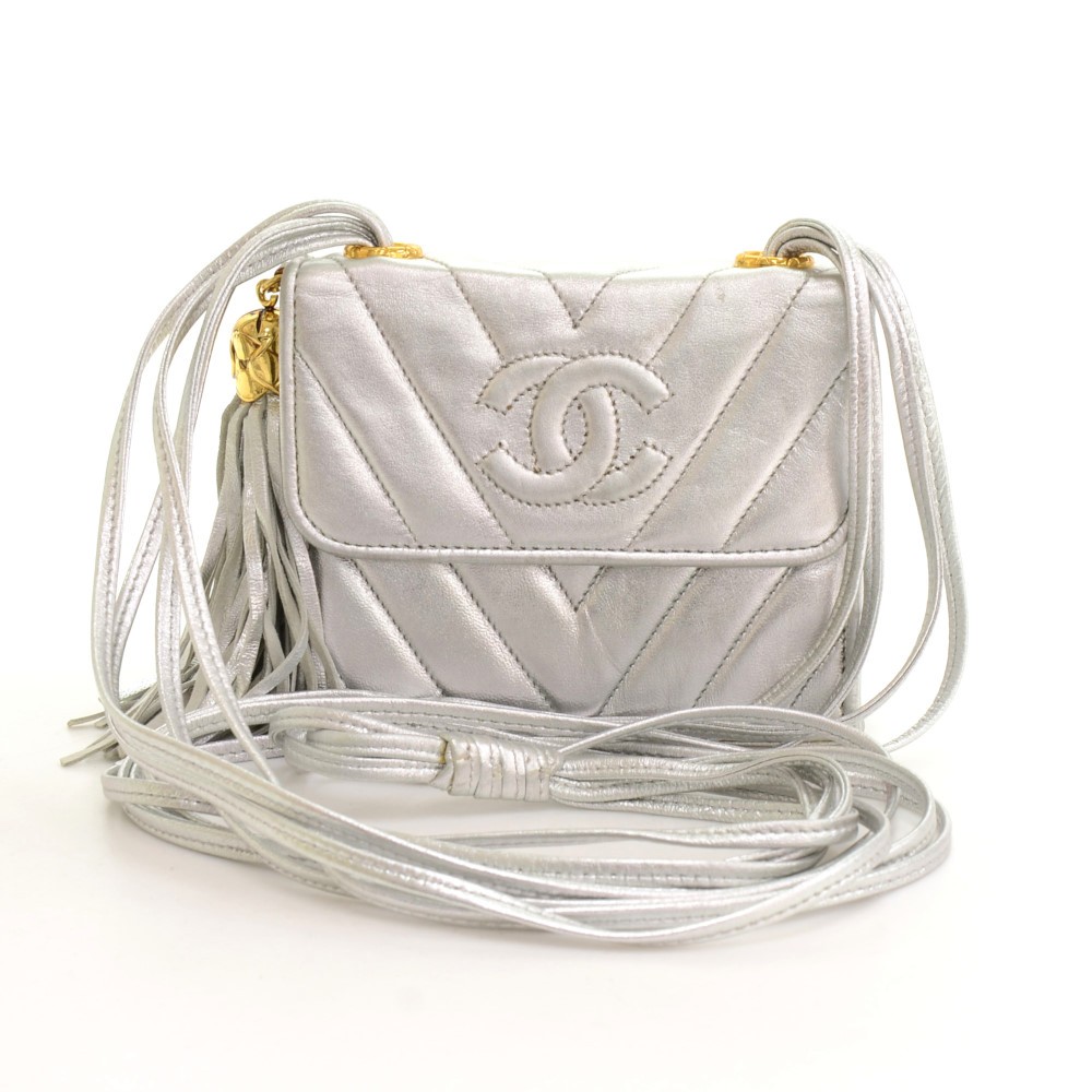 Chanel Vintage Chanel Flap Silver Metallic Quilted Leather Fringe