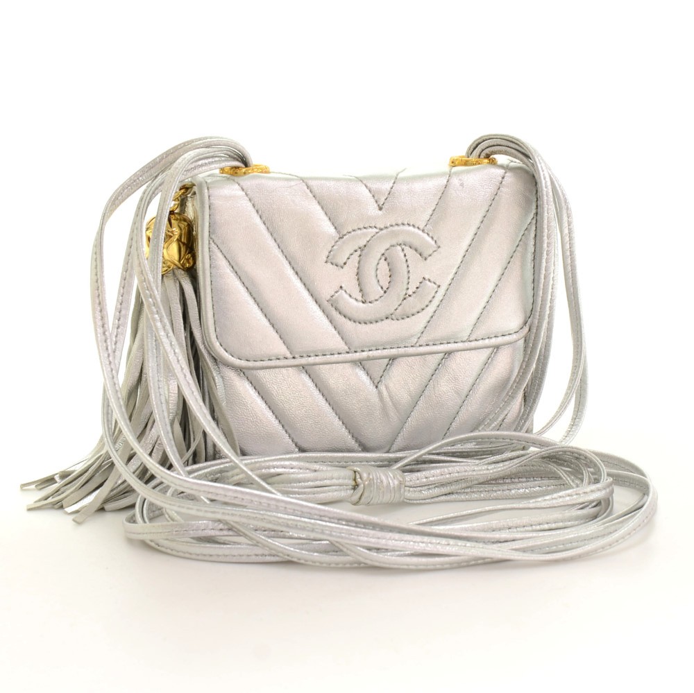 Chanel Vintage Chanel Flap Silver Metallic Quilted Leather Fringe