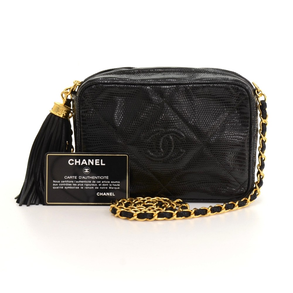 Chanel Vintage Black Quilted Lizard Camera Bag