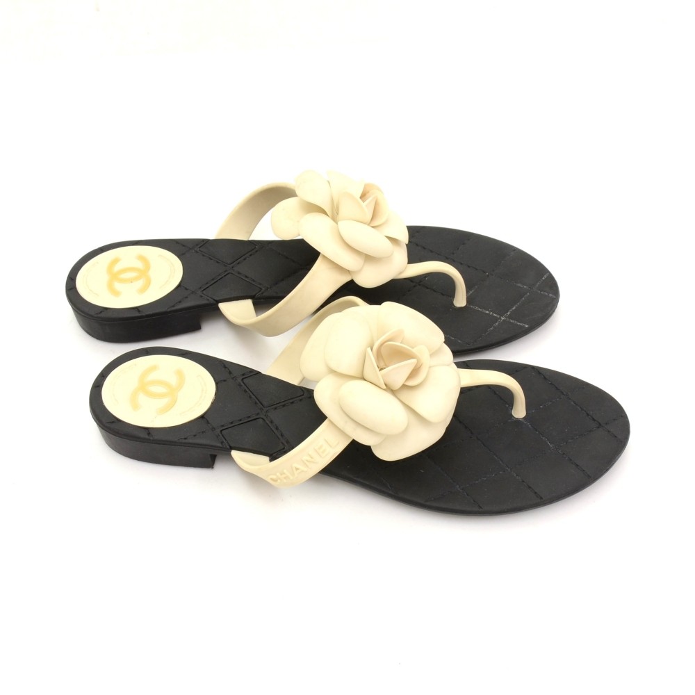 Chanel Chanel White Camellia Black Jelly Sandals Made in Italy Size