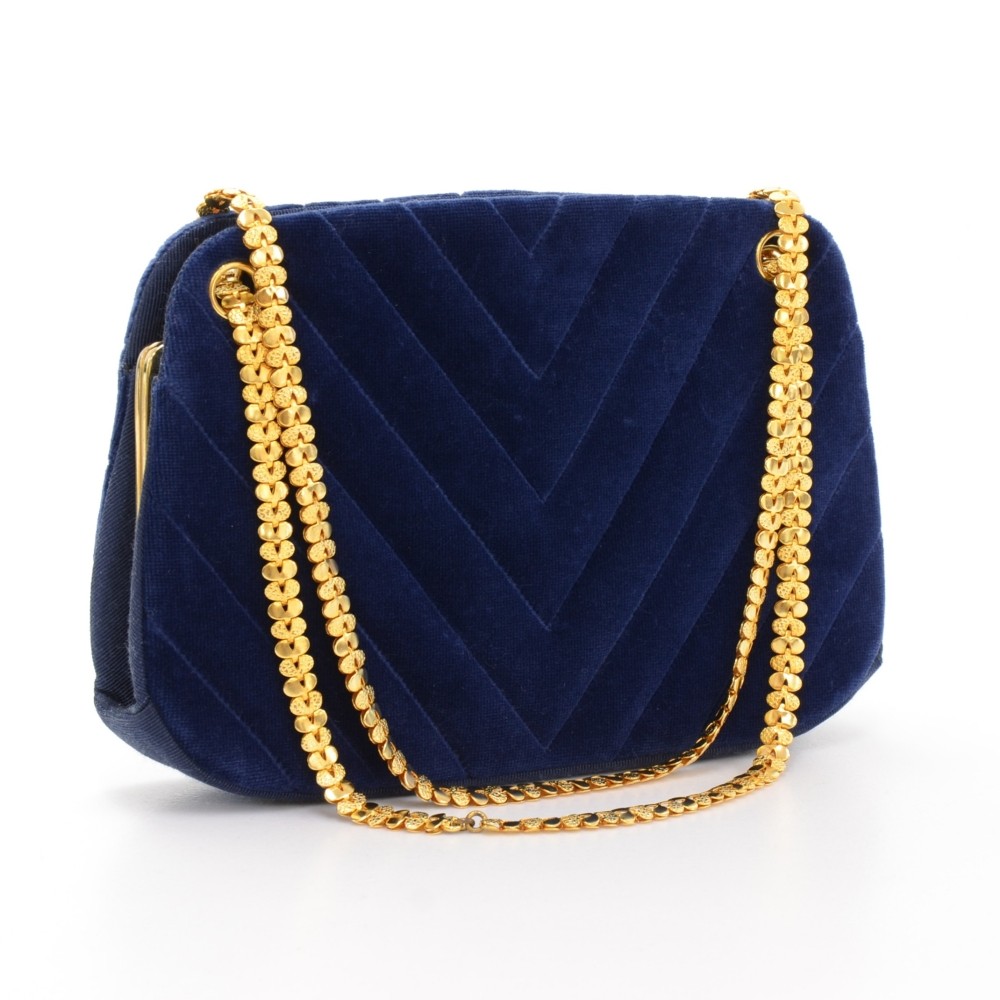 Navy Blue Quilted Velvet Round Clutch with Chain Gold Hardware, 2020