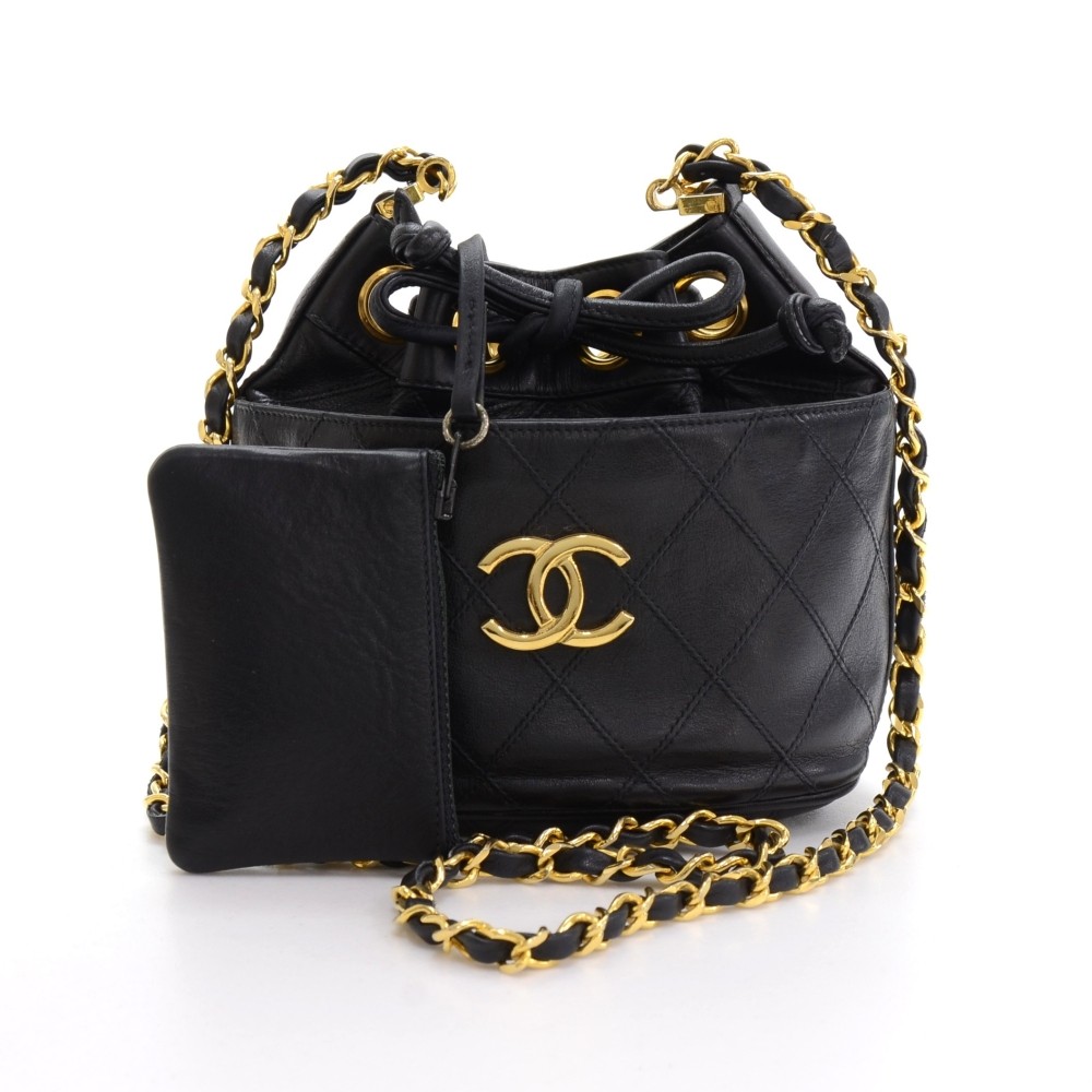 Vintage Chanel Black Quilted Leather Mini Bucket Shoulder Bag