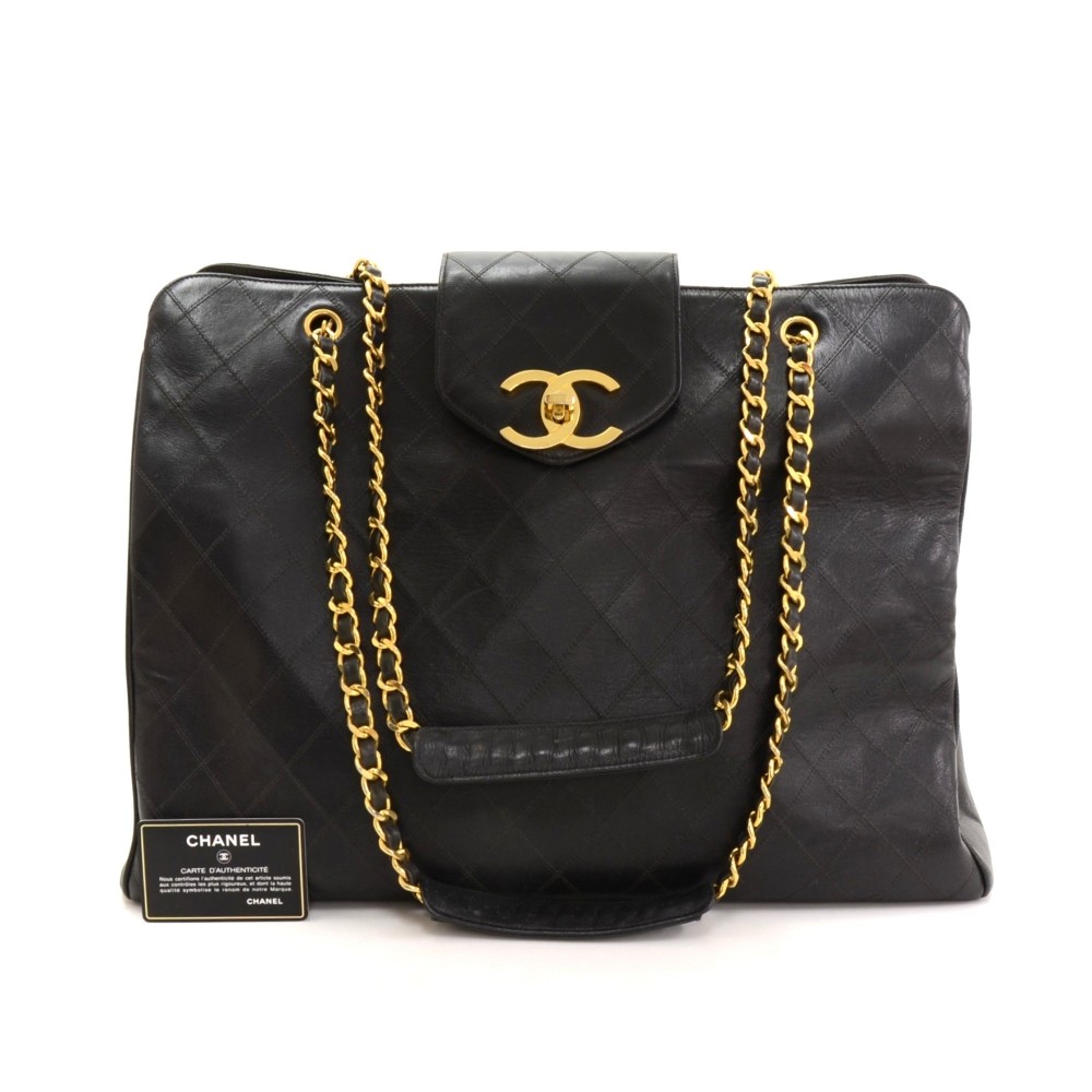Chanel Vintage Chanel Supermodel Black Leather XL Shoulder Tote Bag