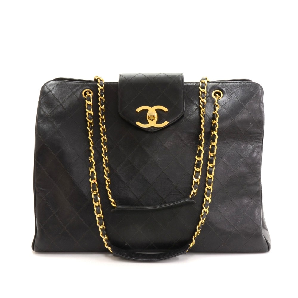 Chanel Vintage Chanel Supermodel Black Leather XL Shoulder Tote Bag