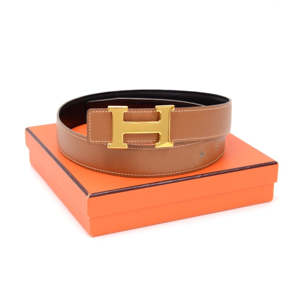 Hermes Hermes Brown x Black Leather x Gold Tone H Buckle Belt Size 75