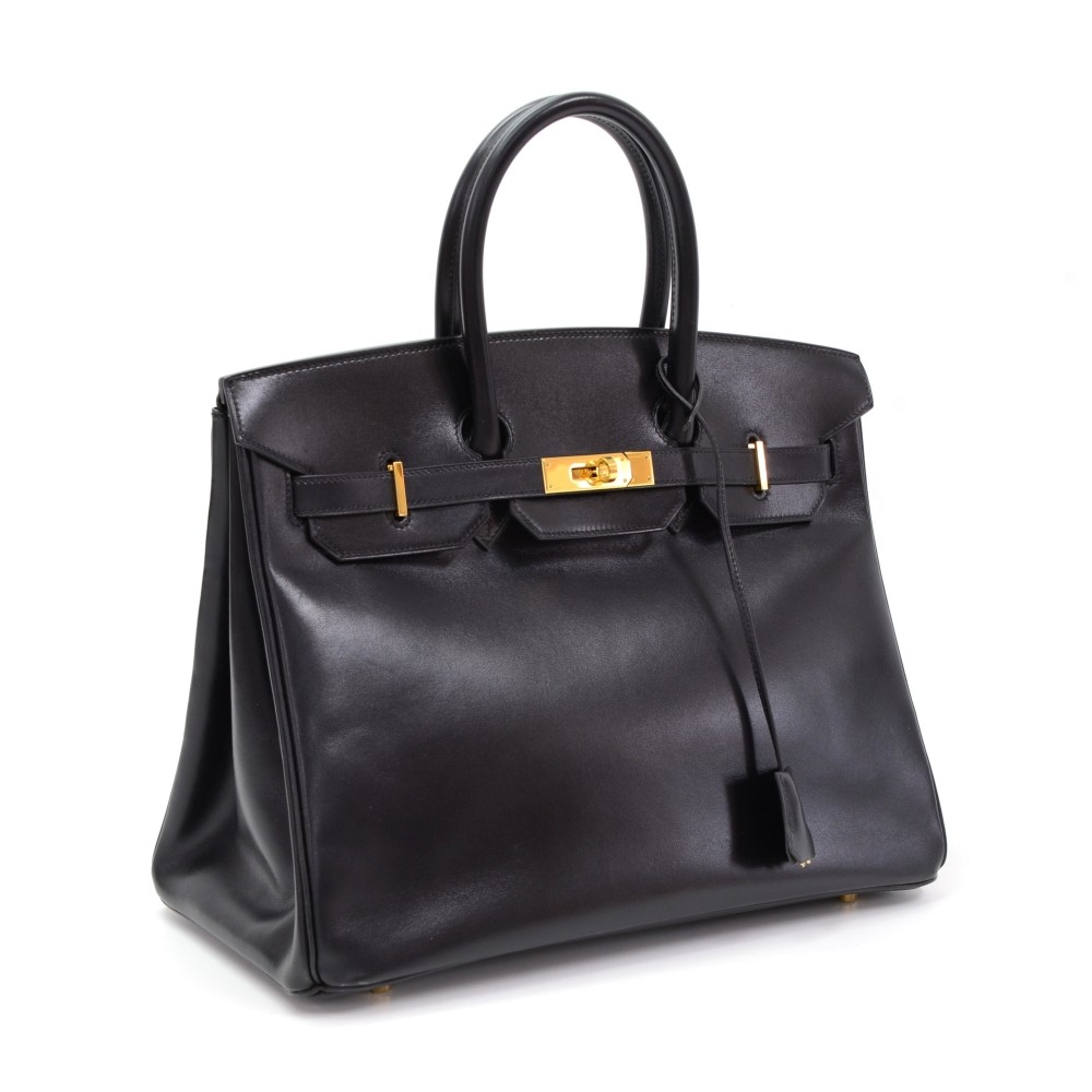 Hermes 35cm Black Calf Box Leather Birkin Bag with Brushed, Lot #56118