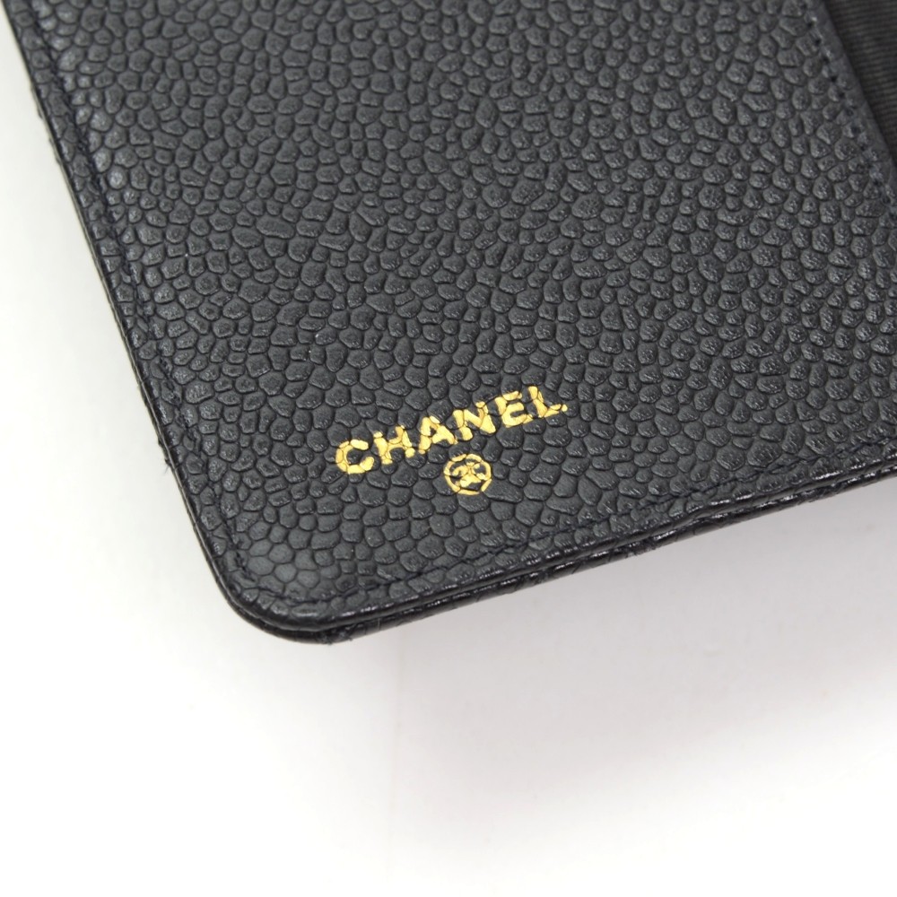 Auth CHANEL Planner Cover 6rings Caviar Skin Black Used