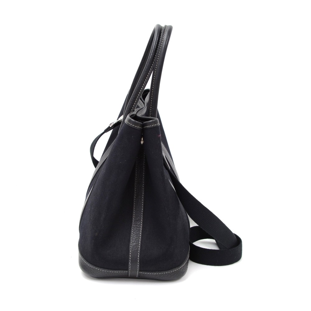 Hermes Hermes Garden Party TPM Black Leather Canvas Hand Bag + Strap