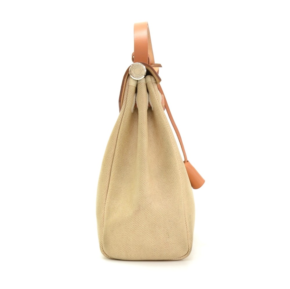 HERMES [Sharp Discount] Canvas Herbag PM Silver Buckle Shoulder Bag Etoupe  Beige