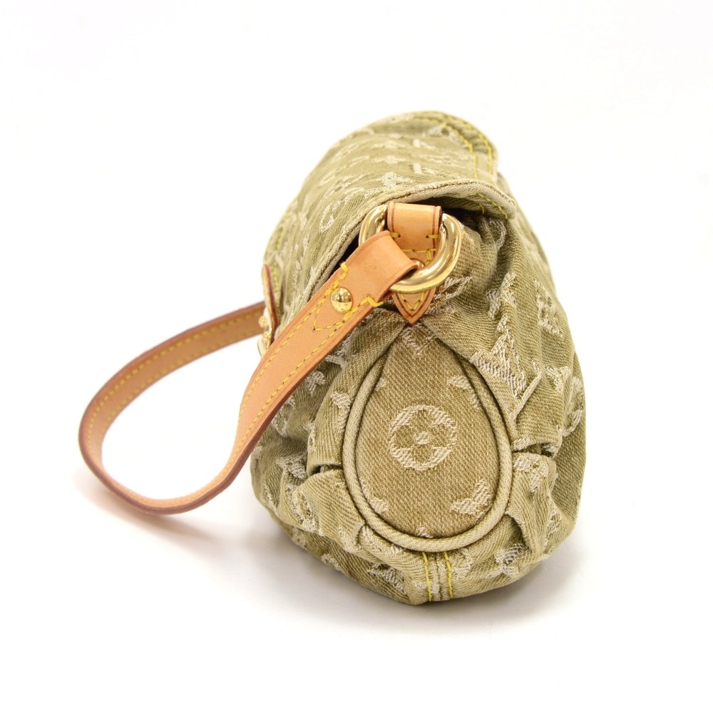 Rare LOUIS VUITTON Mini Pleaty Monogram Denim Khaki Shoulder Hand Bag M95217