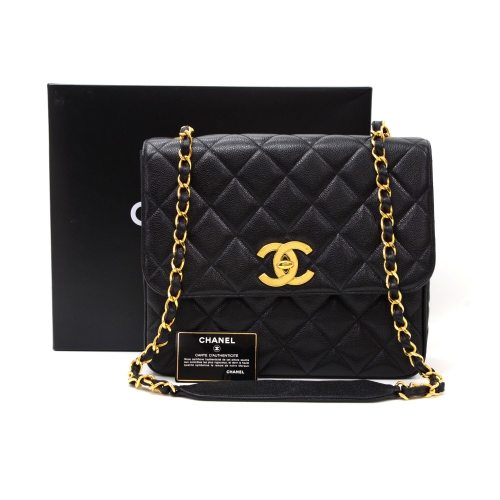 Chanel Chanel Black Quilted Caviar Leather Shoulder Flap Bag Large CC
