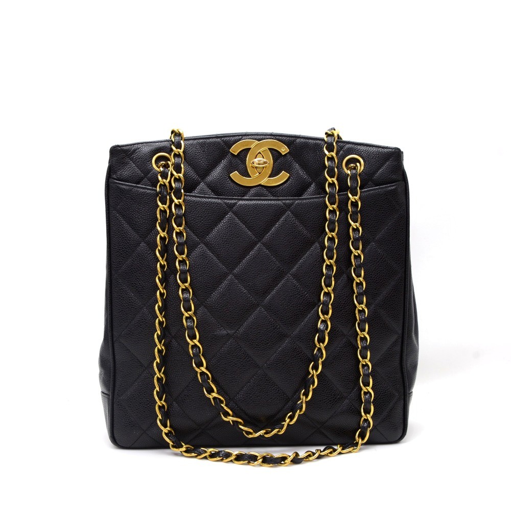 Chanel Vintage Chanel Black Quilted Caviar Leather Tote Shoulder Bag ...