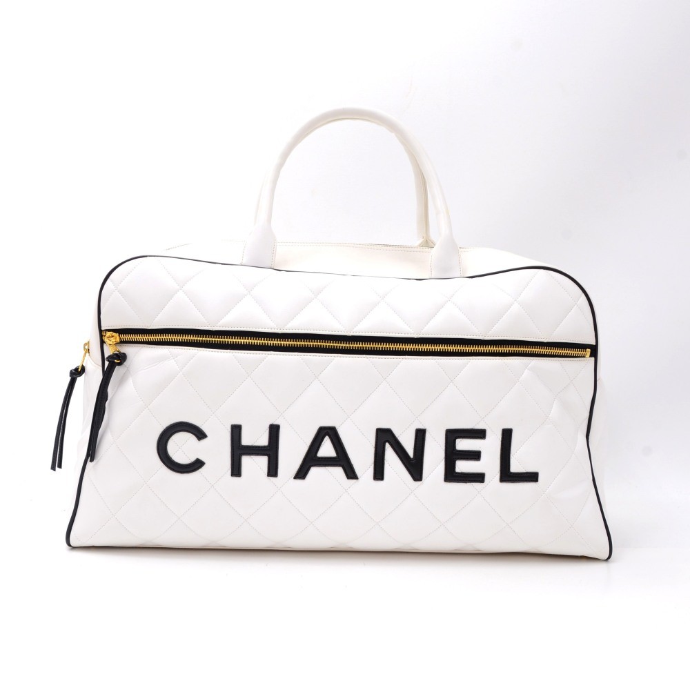 Chanel Vintage Chanel White x Black Quilted Leather Large Boston Hand