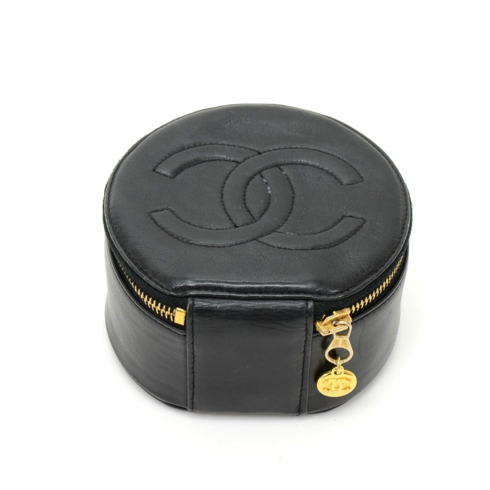 Chanel Vintage Chanel Black Leather Round Jewelry Case Gold CC