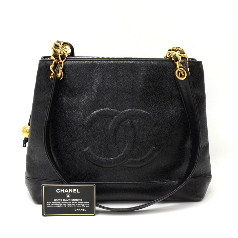 Chanel Vintage Chanel 12 Black Caviar Leather Shoulder Tote Bag