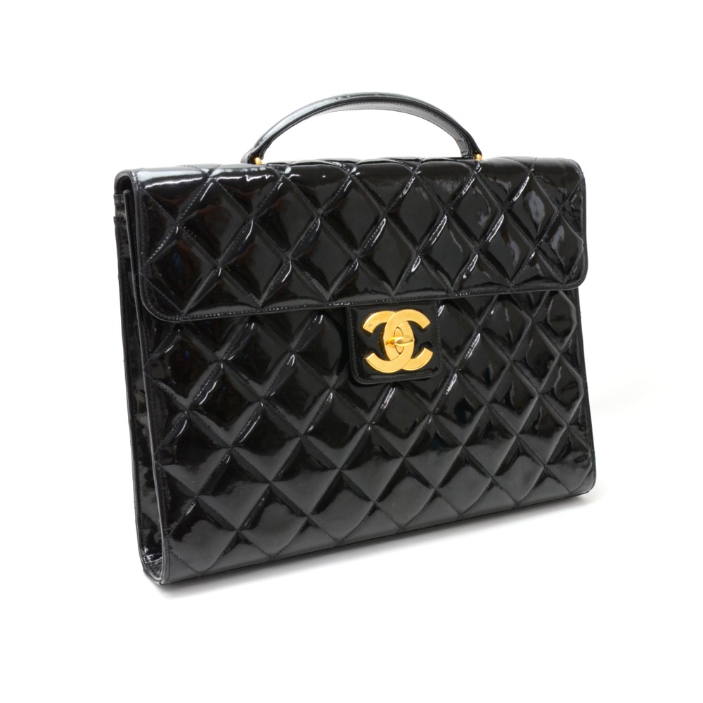 Chanel Chanel Black Patent Quilted Leather Document Brief Case Bag