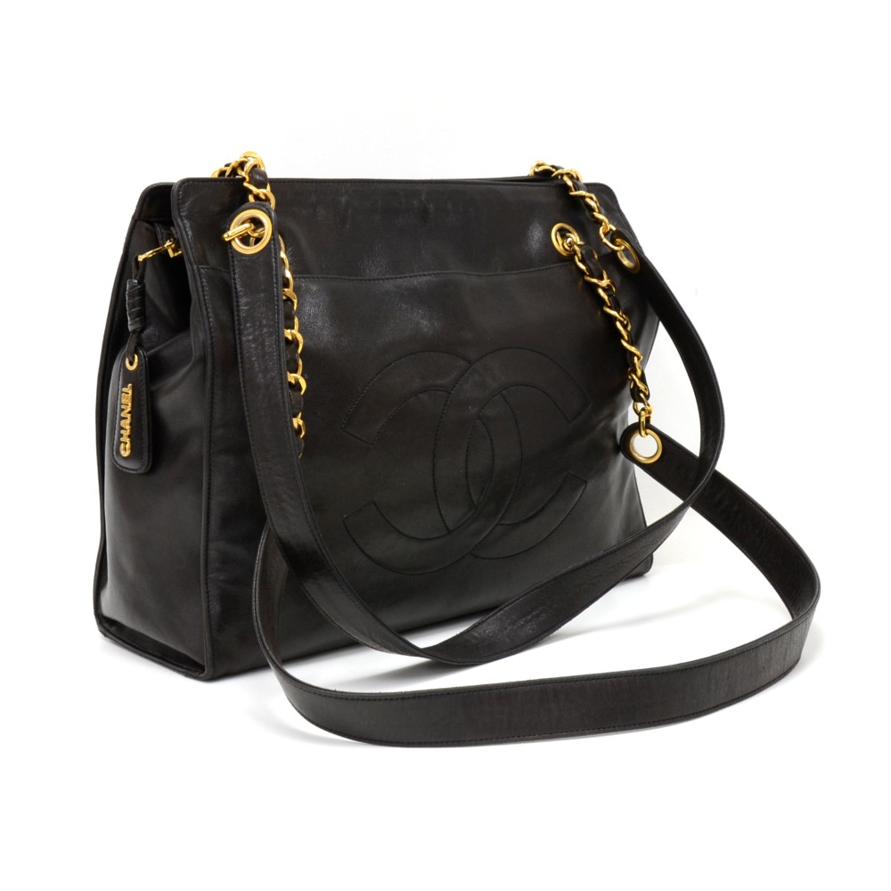 Chanel Chanel 12 Black Leather Shoulder Tote Bag CC Logo