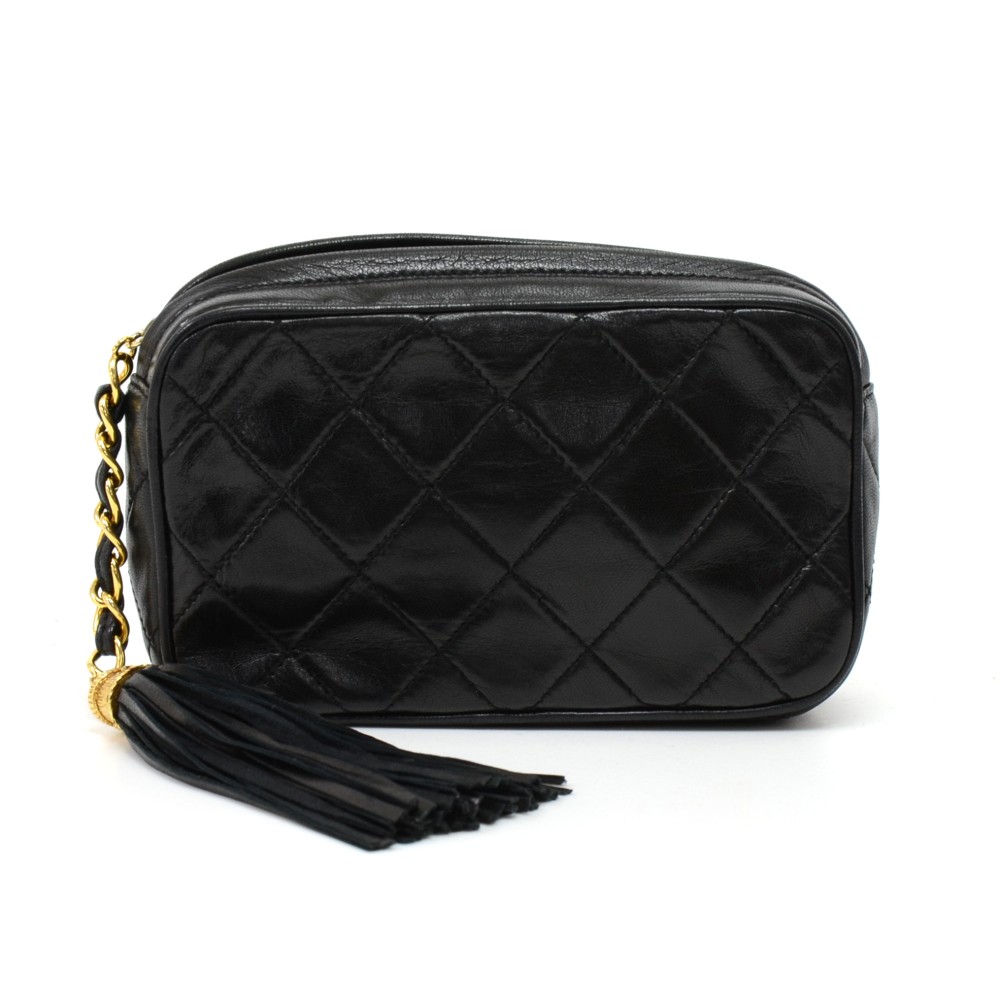 Chanel Vintage Chanel Black Quilted Leather Tassel Small Pouch Bag