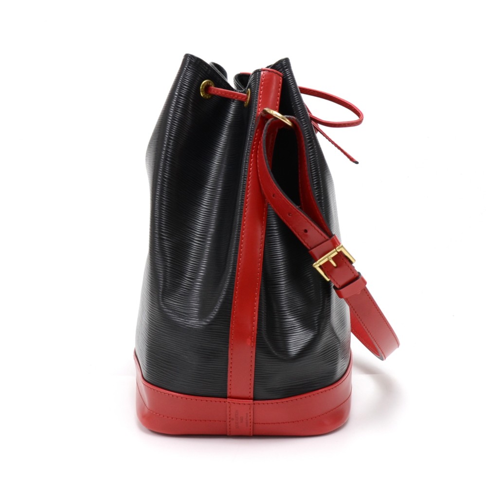 Authentic Louis Vuitton Epi Petit Noe Bi-color Black x Red Drawstring Bag  K2146