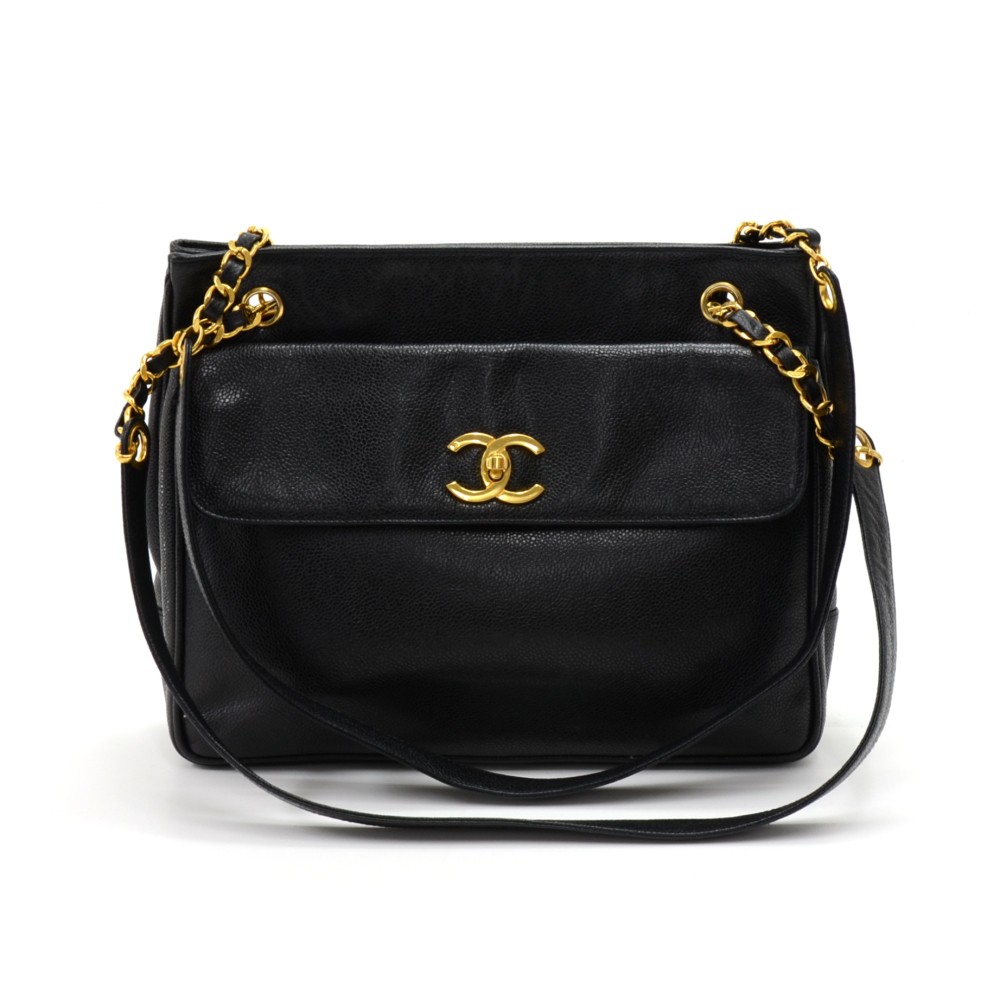 Vintage Chanel 12 Black Caviar Leather Medium Shoulder Tote Bag