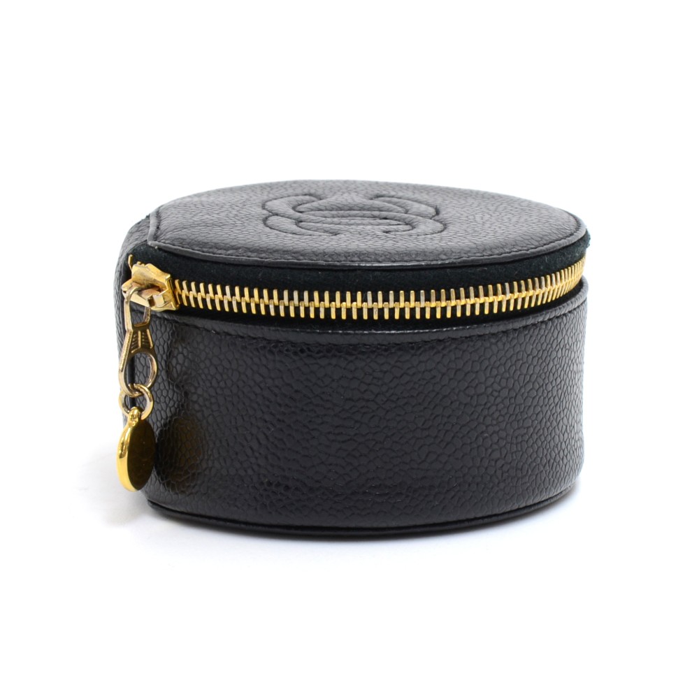 Chanel Vintage Chanel Black Caviar Leather Round Jewelry Case