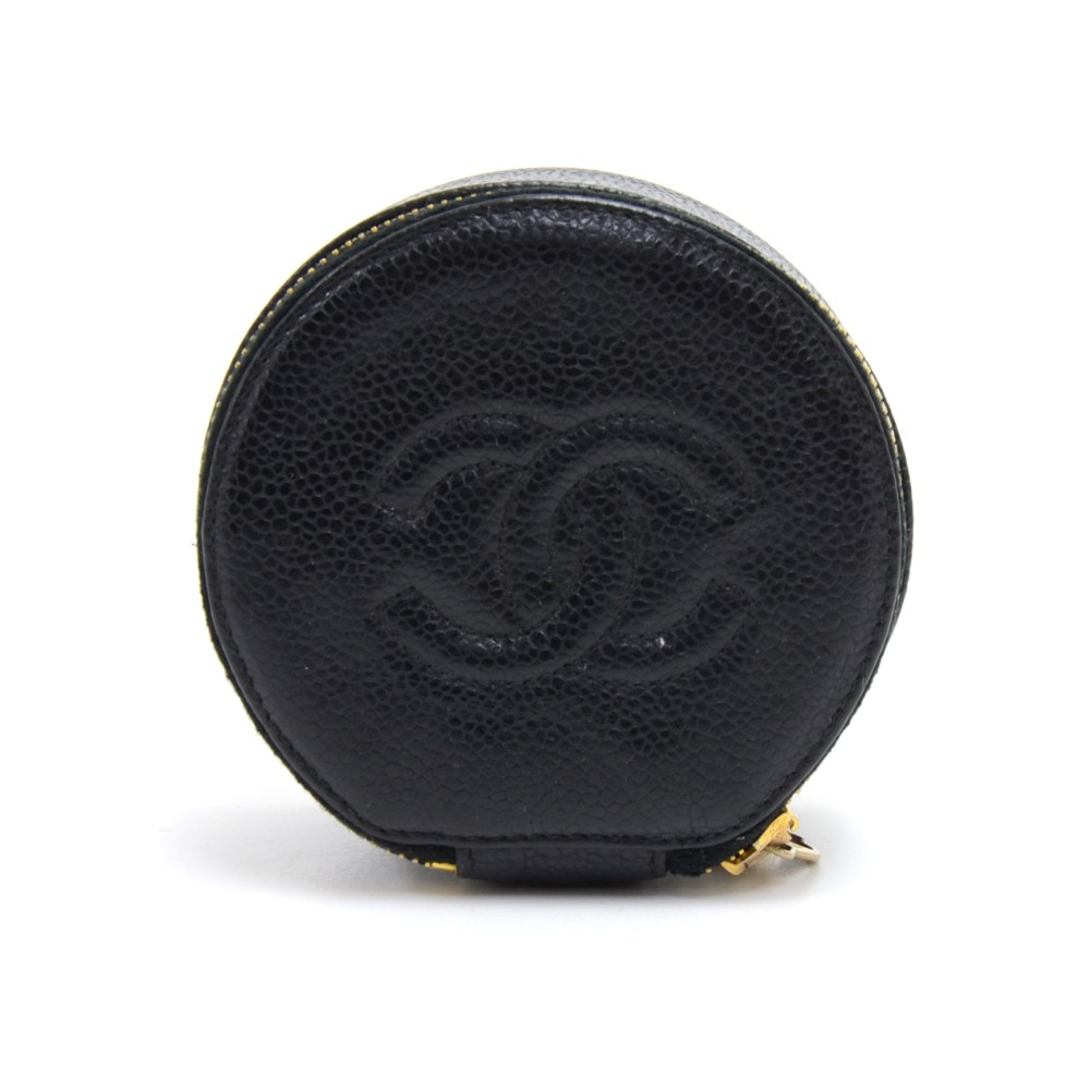 Chanel Vintage Chanel Black Caviar Leather Round Jewelry Case