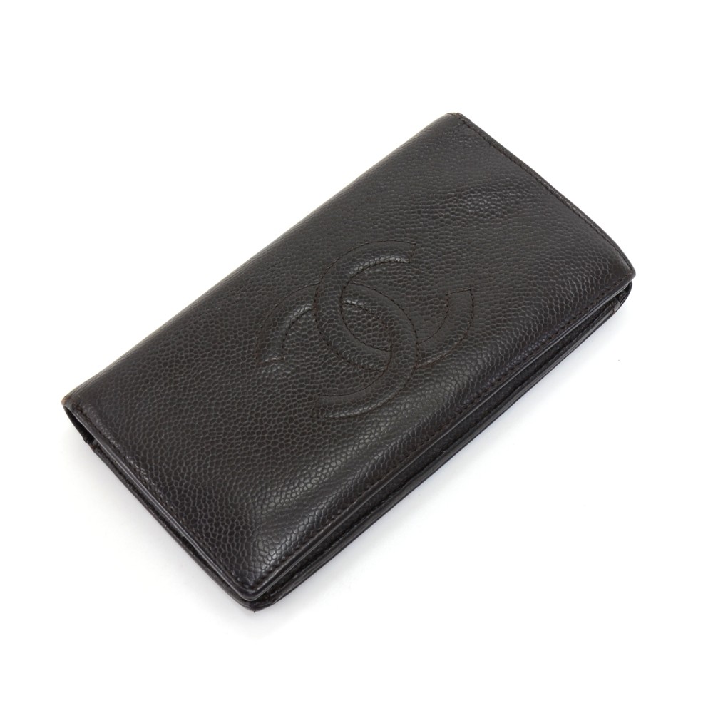 Chanel Chanel Dark Brown Caviar Leather Bifold Long Wallet