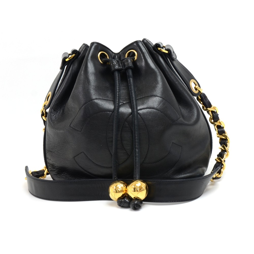 Chanel Vintage Chanel Black Lambskin Drawstring Bucket Bag + pouch