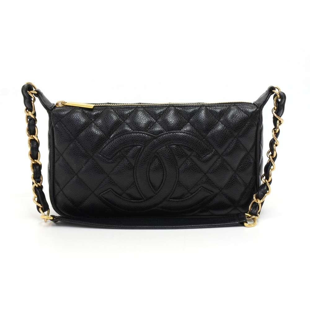 Chanel Black Quilted Caviar Leather Large CC Logo Shoulder Bag