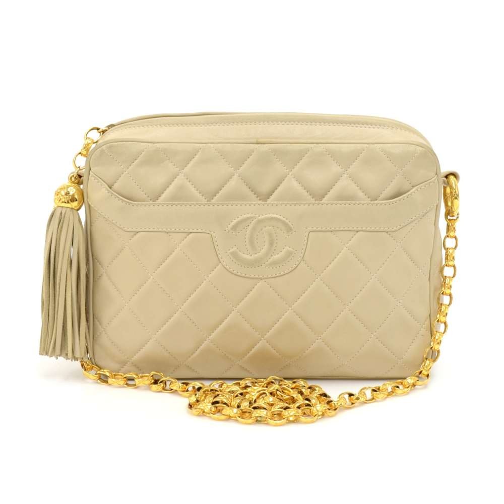 Chanel Vintage Chanel Beige Quilted Lambskin Leather Tassel Chain