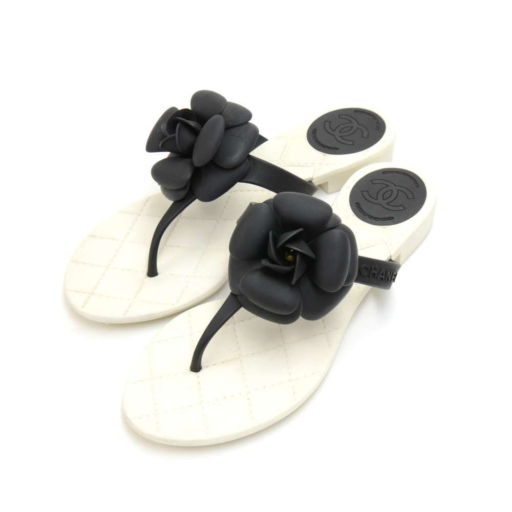 Chanel Chanel Black Camellia White Quilted Jelly Thong Sandals Size ...