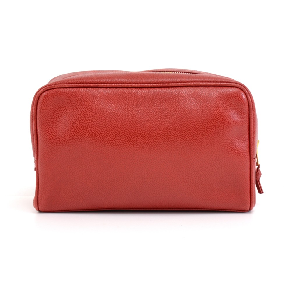 Chanel Vintage Lipstick Red Caviar Leather Cosmetic And Toiletry Pouch, Makeup  Case Bag