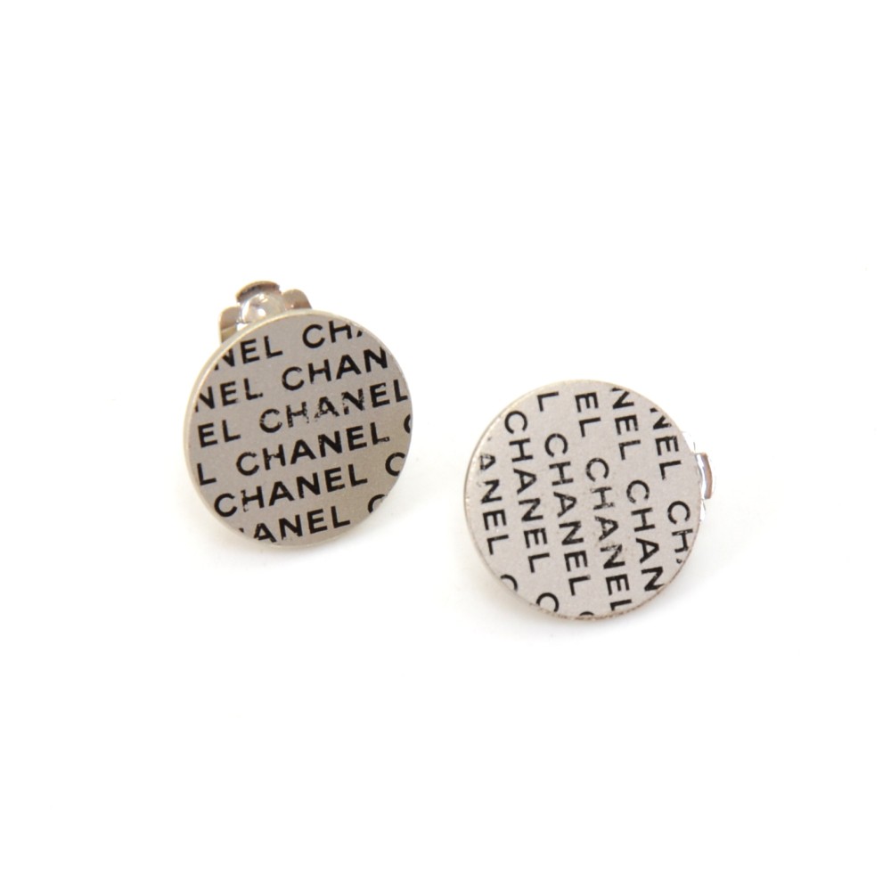Chanel Chanel Silver & Black Logo Pattern Flat Round Earrings