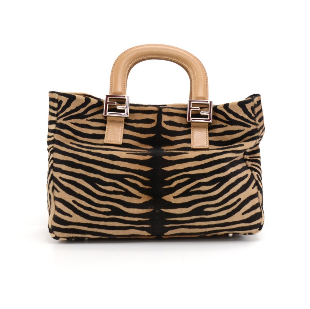 FENDI Fendi Zebra Print Beige & Black Pony Hair Tote Handbag
