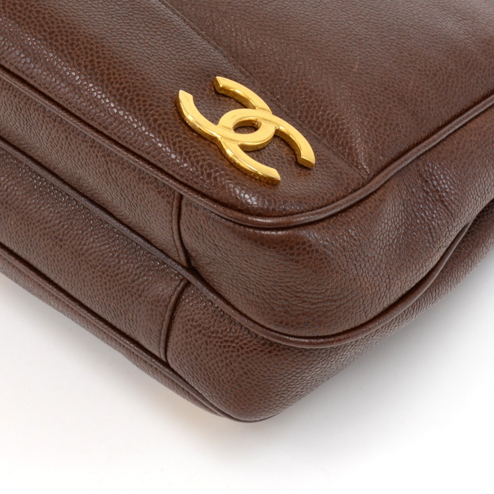 Vintage CHANEL XL Studded CC Monogram Logo Cognac Leather 