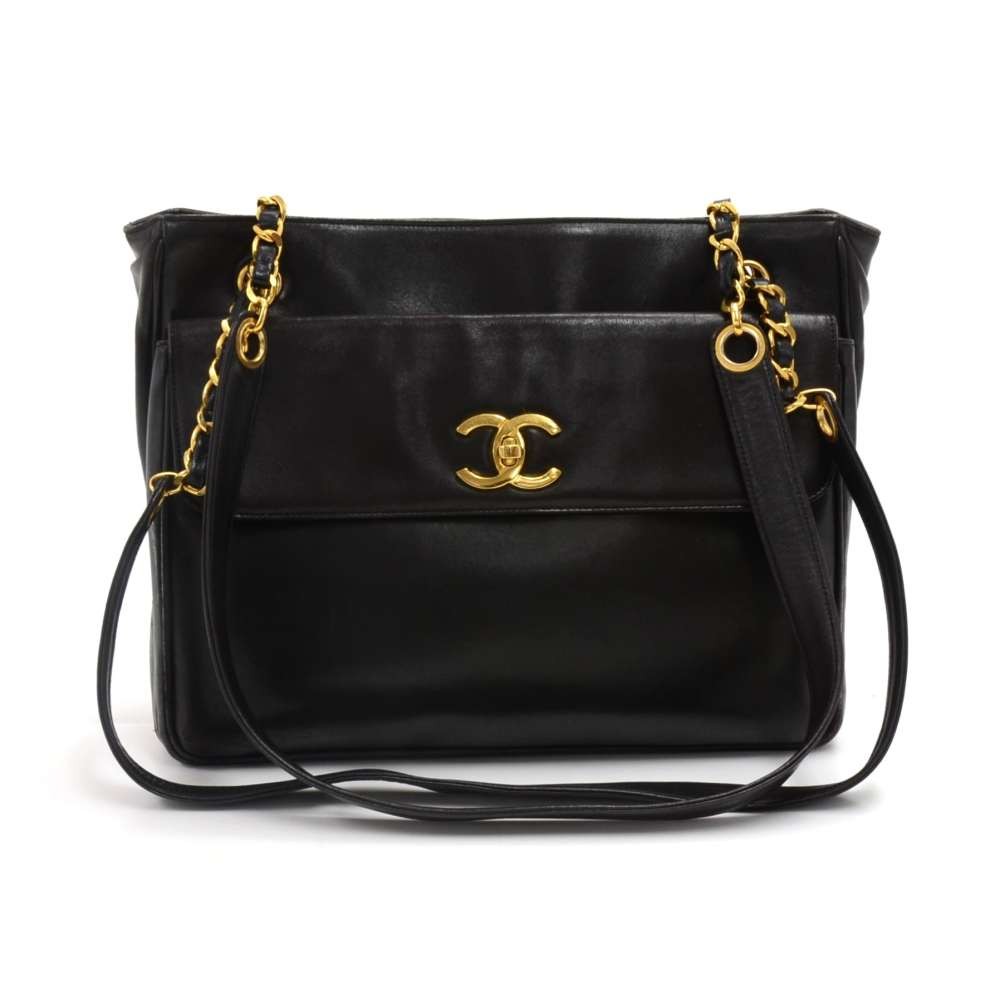 Chanel Vintage Chanel Black Lambskin Leather Front Pocket Twist Lock