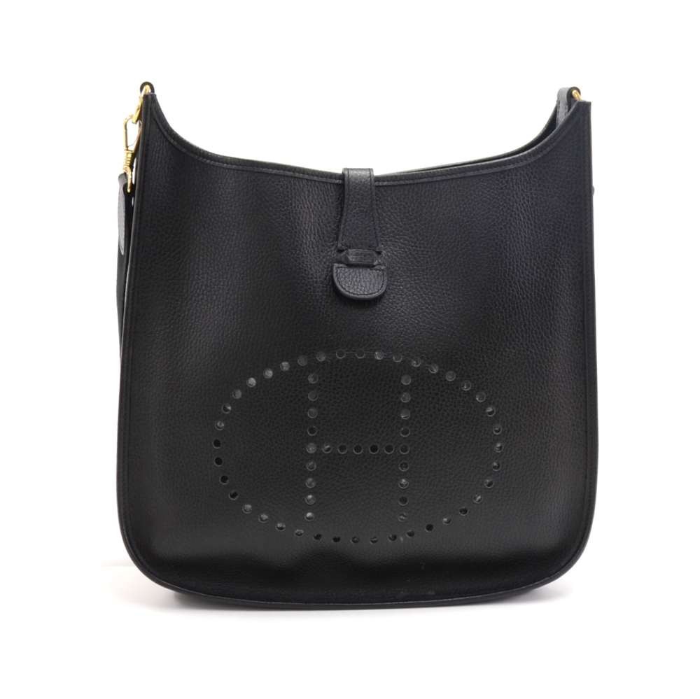 Hermes Evelyne GM Taurillon Clemence Shoulder Bag Black Embossed Leather  Used