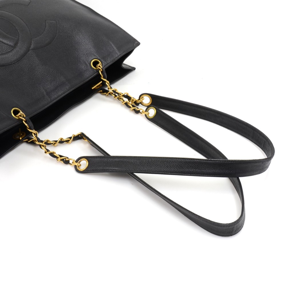 CHANEL Caviar Jumbo Large Chain Shoulder Bag Black Gold Zipper