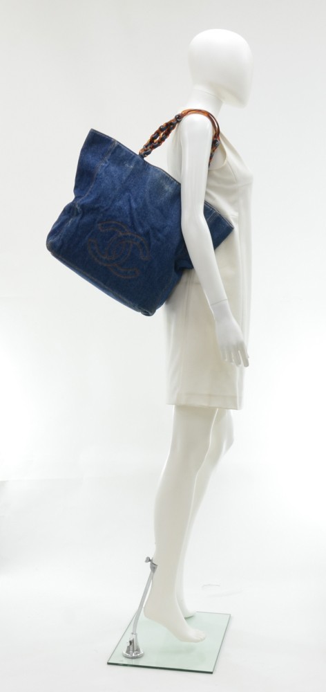 Chanel Vintage Chanel Denim & Tortoise Shell Style Strap Tote Bag