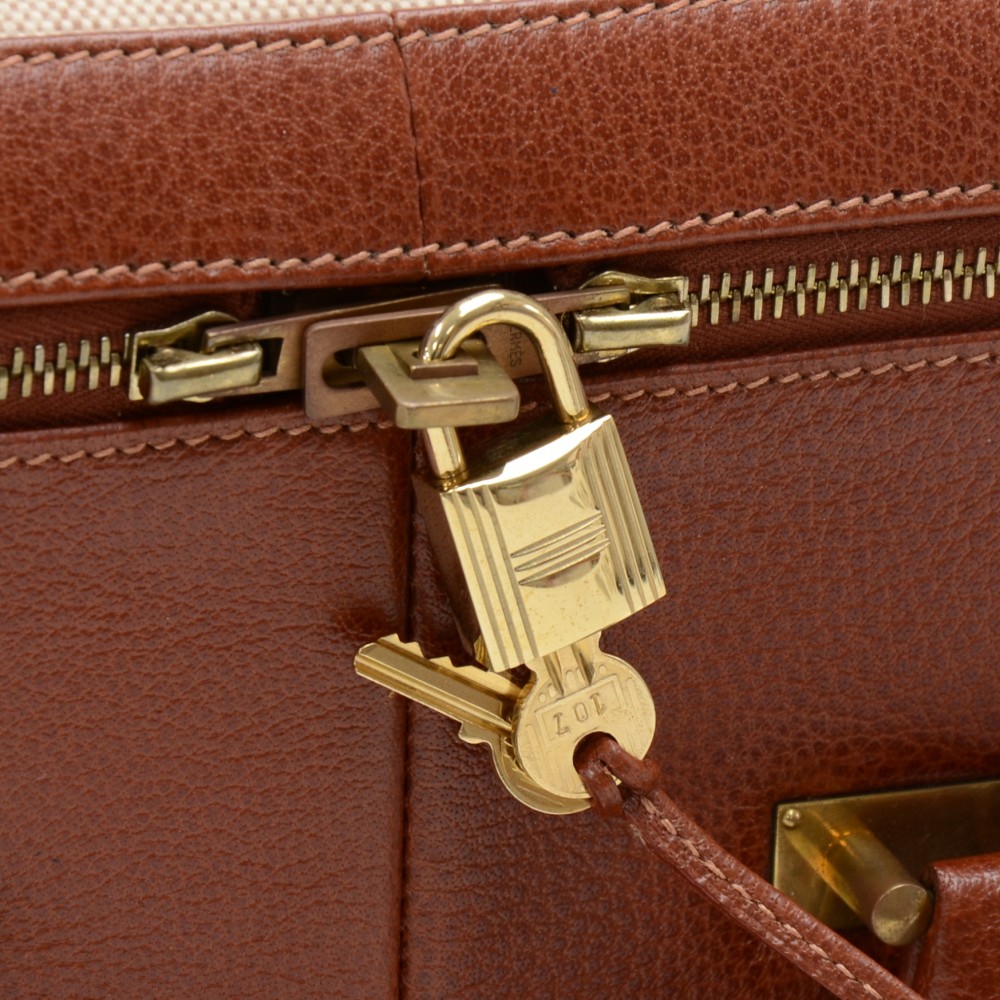 Hermes Vintage Hermes Beige Canvas & Brown Leather Travel Suitcase