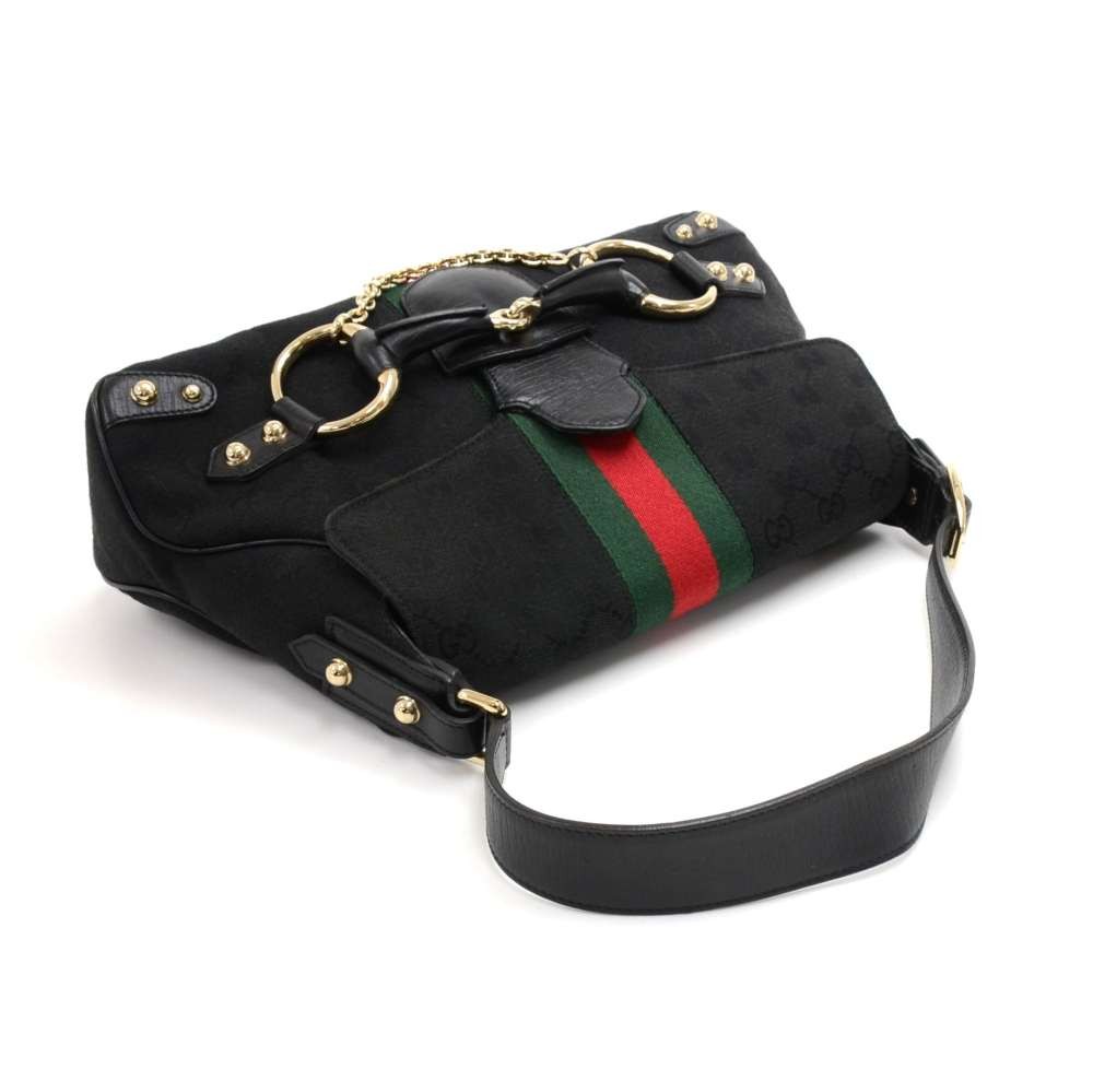 Gucci Black Monogram GG Horsebit Chain Hobo Bag 8ga113
