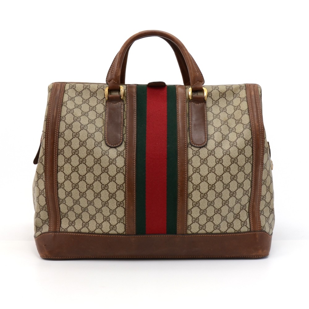 Gucci, Bags, Gucci Supreme Gg Vintage Extra Large Coated Canvas Leather  Travel Overnight Bag